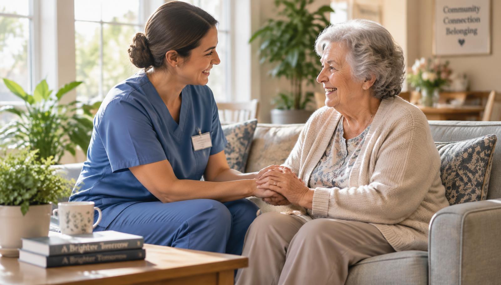 A caregiver holding hands with an elderly resident in a senior living community