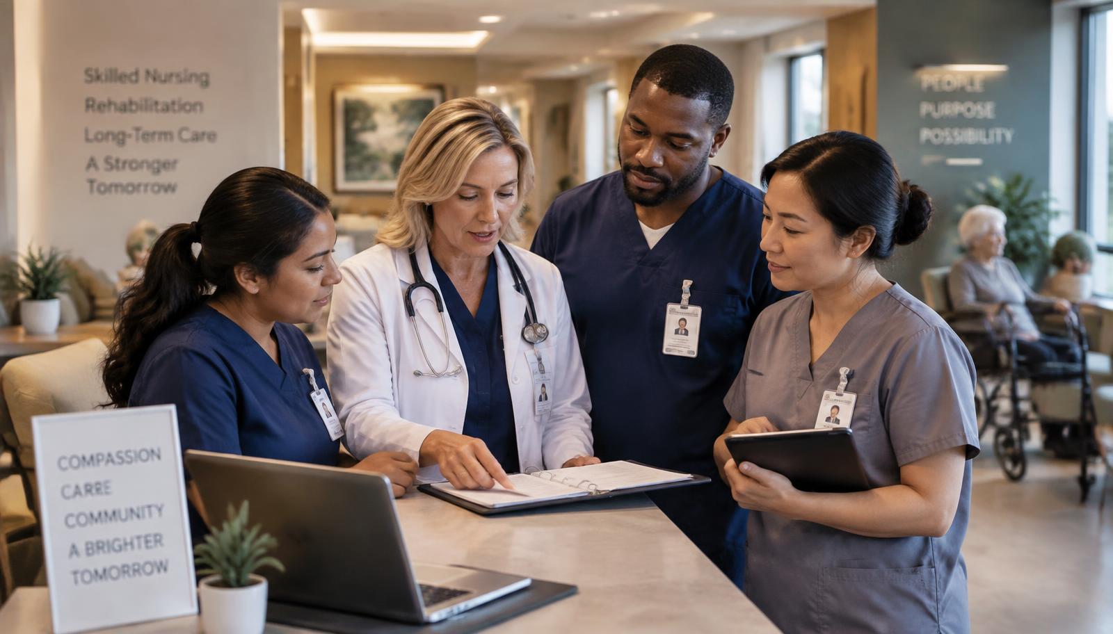 A medical care team collaborating inside a skilled nursing facility